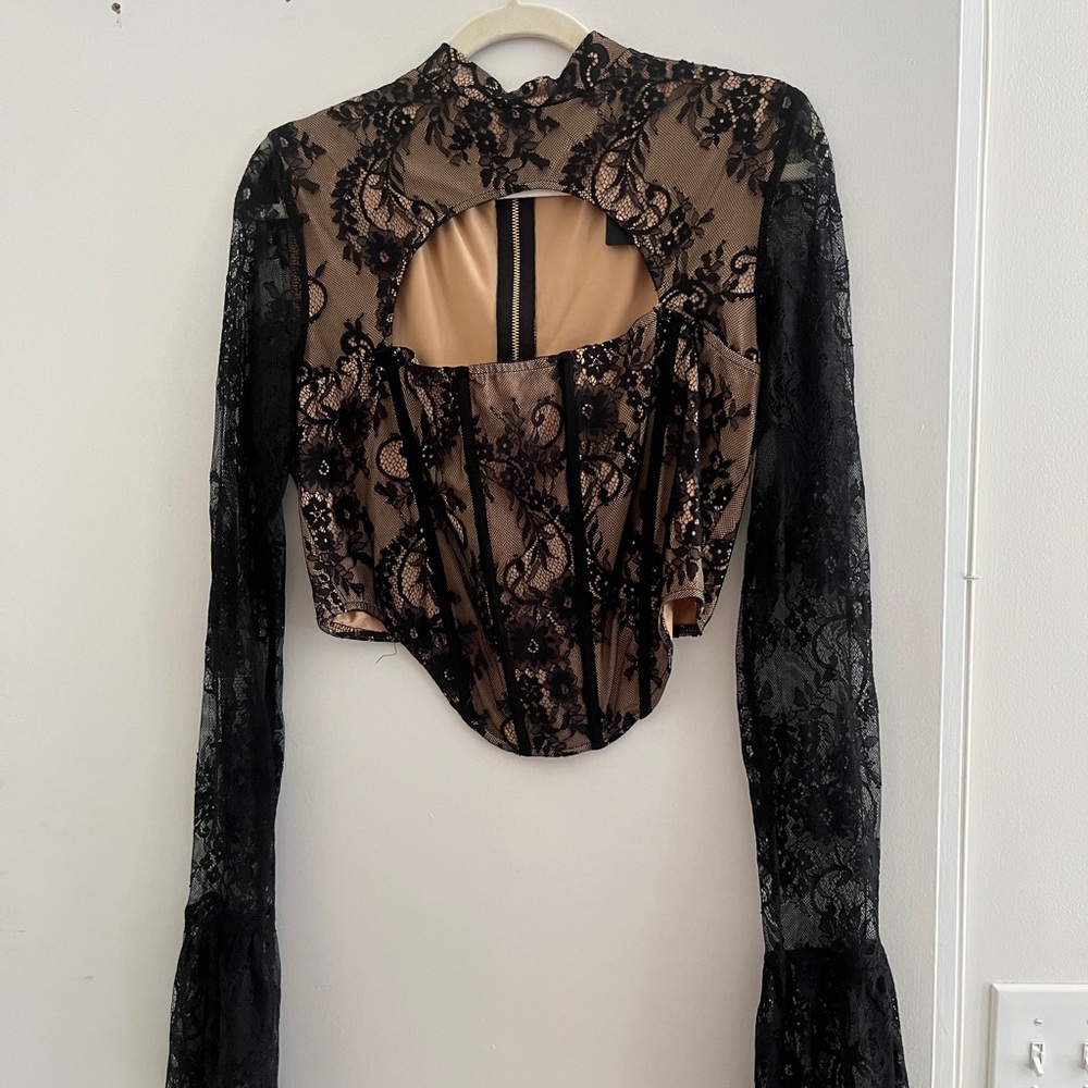 Fashion Nova Black Lace Overlay Corset Top with Nude Lining and Cutout Back